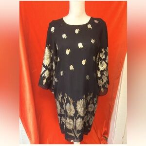 Miguelina metallic embroidered shift dress black and gold small